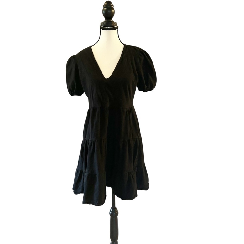 RD Style Little Black Dress Tiered Mini Cotton Puffed Sleeves